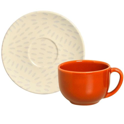 Conjunto com 6 Xícaras e Pires para Chá Porto Brasil Coup Ikebana em Cerâmica Feldspática Off-White/Laranja – 260 ml