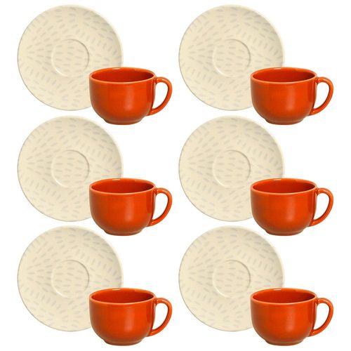 Conjunto com 6 Xícaras e Pires para Chá Porto Brasil Coup Ikebana em Cerâmica Feldspática Off-White/Laranja – 260 ml