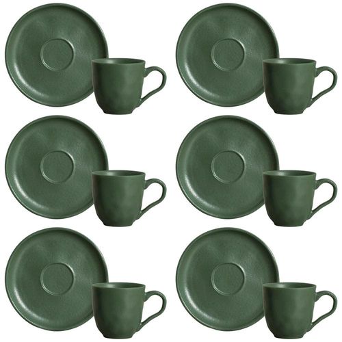 Conjunto com 6 Xícaras e Pires para Café Porto Brasil Bio Leaf em Stoneware Verde - 120 ml