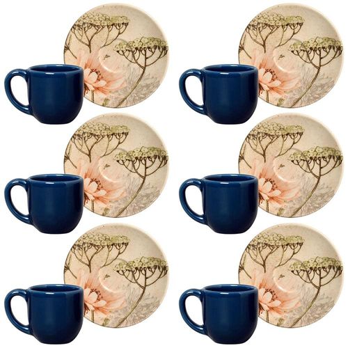 Conjunto com 6 Xícaras e Pires para Café Porto Brasil Coup Bloemen em Cerâmica Feldspática Off-White - 112ml