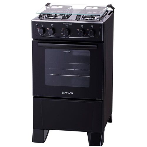 Fogão Atlas 4 Bocas Mônaco Plus com Mesa de Inox e Acendimento Automático Bivolt – Preto