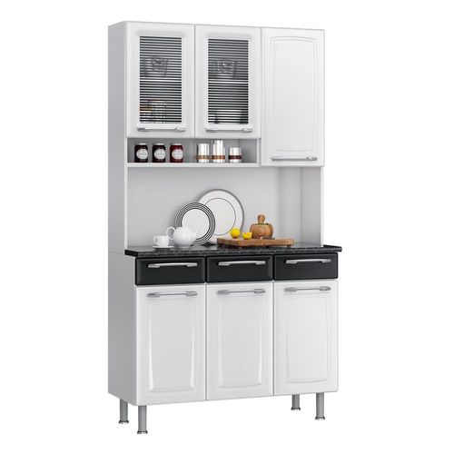 Cozinha Compacta Itatiaia Prisma com 6 Portas e 3 Gavetas - 105cm de largura Branco/Preto