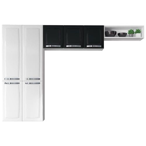 Cozinha Compacta Itatiaia Rose com 10 Portas, 1 Gaveta e 6 Prateleiras - 245cm de largura - Branco/Preto