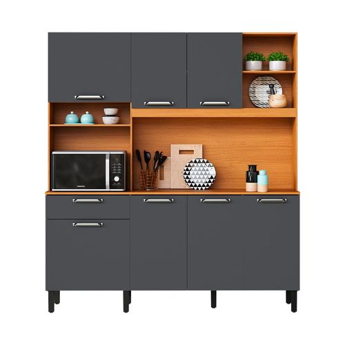 Kit Cozinha Lírio Itatiaia com 7 Portas, 1 Gaveta, 7 Prateleiras e Nicho – 180 cm de largura Cinamomo e Grafite
