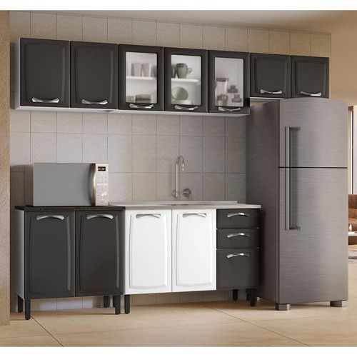 Cozinha Compacta Itatiaia New Premium com 1 Pia, 12 Portas, 2 Gavetas e 10 Prateleiras - 280cm de largura Branco/Grafite