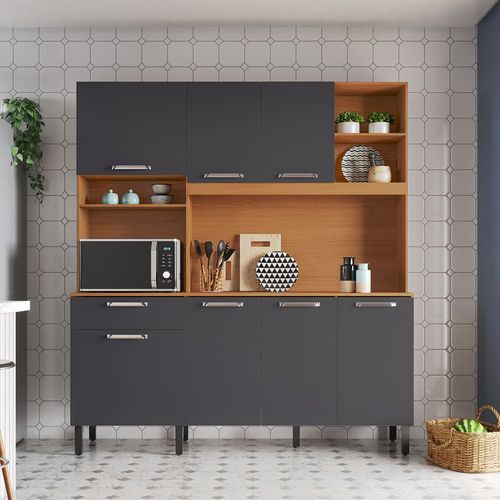 Kit Cozinha Lírio Itatiaia com 7 Portas, 1 Gaveta, 7 Prateleiras e Nicho – 180 cm de largura Cinamomo e Grafite