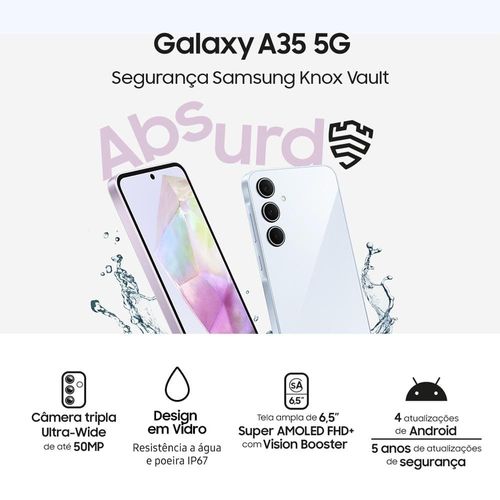 Smartphone Samsung Galaxy A35 5G 128GB Rosa 6GB RAM Câmera Tripla Traseira de até 50MP Selfie de 13MP Tela super AMOLED de 6,6"