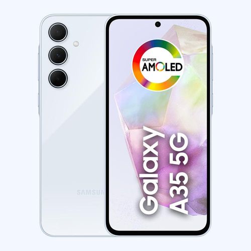 Smartphone Samsung Galaxy A35 5G 256GB Azul Claro 8GB RAM Câmera Tripla Traseira de até 50MP Selfie de 13MP Tela super AMOLED de 6.6”