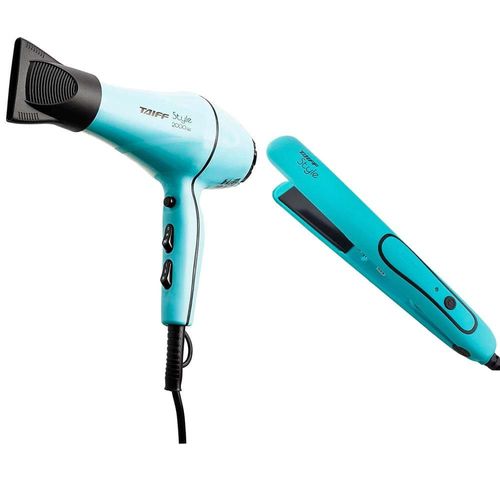 Kit Secador de Cabelos Style Motor AC Profissional 2000W - Azul + Chapinha | Prancha Style 210°C Azul Tiffany Taiff 220v