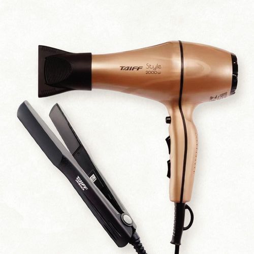 Secador de Cabelos Taiff Style Motor AC Profissional 2000W - Cobre + Prancha Clássica Cerâmica 180°C - Preta 110V
