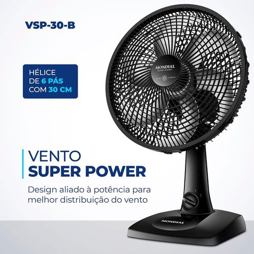 Ventilador de Mesa 30cm Mondial Super Power VSP-30-B 6 Pás 3 Velocidades Preto 110V