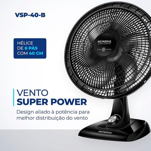 Ventilador de Mesa 40cm Mondial Super Power VSP-40-B 6 Pás 3 Velocidades - Preto 110V