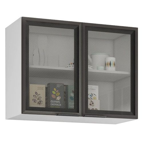 Armário Aéreo Bartira Rubi com 2 Portas de Vidro e 1 Prateleira - 80,1cm de largura Branco / Freixo