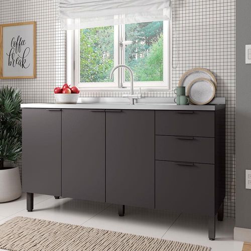 Balcão Bartira Universal com 3 Portas, 3 Gavetas e 2 Prateleiras - 150 cm de largura Grafite