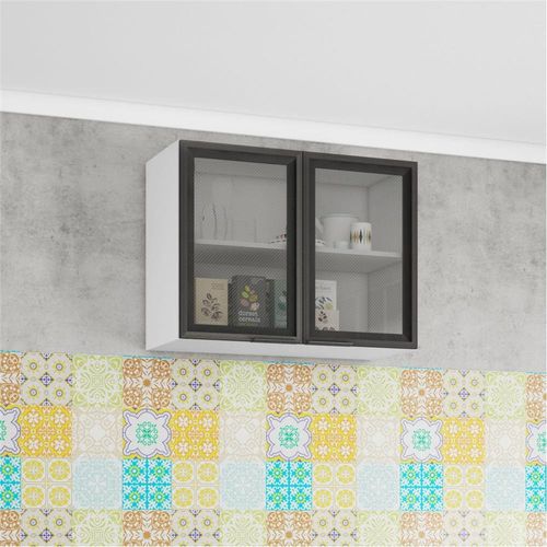 Armário Aéreo Bartira Rubi com 2 Portas de Vidro e 1 Prateleira - 80,1cm de largura Branco / Freixo
