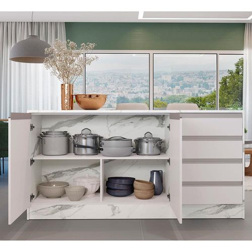 Bancada Bartira Gourmet com 2 Portas, 4 Gavetas e 1 Prateleira - 180,6cm de largura Branco/Thassos