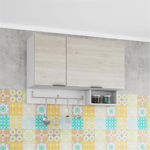 Armário Basculante Bartira Rubi com 2 Portas, 2 Prateleiras e Suporte para Utensílios Branco / Freixo