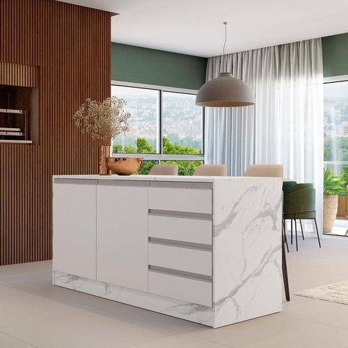 Bancada Bartira Gourmet com 2 Portas, 4 Gavetas e 1 Prateleira - 180,6cm de largura Branco/Thassos