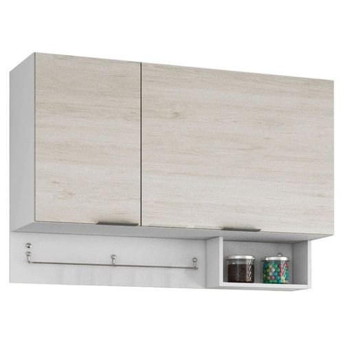 Armário Basculante Bartira Rubi com 2 Portas, 2 Prateleiras e Suporte para Utensílios Branco / Freixo