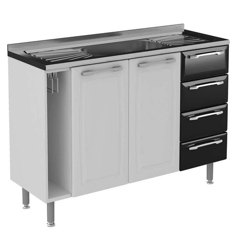 Balcão para Cozinha Itatiaia Diamante 4 Gavetas, 2 Portas e Pia Inox 120cm Branco/Preto