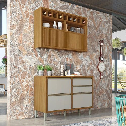 Cozinha Compacta em MDF Nesher Baronesa com 2 Portas 4 Gavetas e 5 Prateleiras - 120cm Freijo/Off White