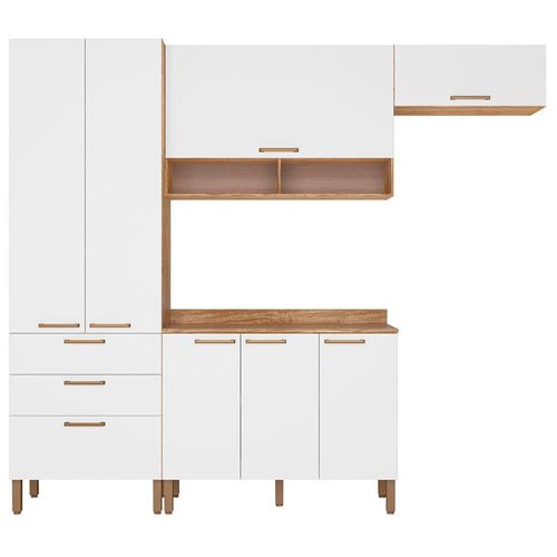 Cozinha Compacta Bartira Veneza com 7 Portas, 3 Gavetas e 5 Prateleiras - 250,8cm de largura Damasco/Branco Fosco