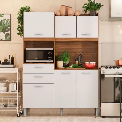 Cozinha Compacta Demóbile Harmonia com 6 Portas e 2 Gavetas - 133 cm de Largura Amêndola/Branco
