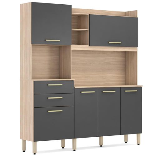Cozinha Compacta Demóbile Savoy com 6 Portas, 2 Gavetas e 2 Prateleiras - 178cm de largura Avena/Grafito