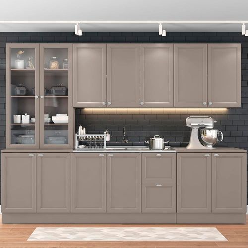 Cozinha Compacta Poliman Unna com 1 Pia, 13 Portas, 2 Gavetas e 8 Prateleiras - 270cm de largura - Fumê
