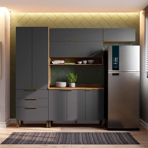 Cozinha Compacta Bartira Topázio UP com 8 Portas, 3 Gavetas e 5 Prateleiras - 262,5cm de largura Damasco/Grafite