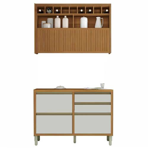 Cozinha Compacta em MDF Nesher Baronesa com 2 Portas 4 Gavetas e 5 Prateleiras - 120cm Freijo/Off White