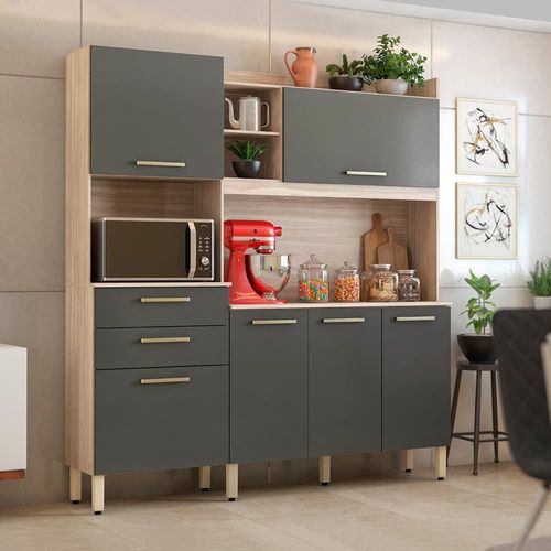 Cozinha Compacta Demóbile Savoy com 6 Portas, 2 Gavetas e 2 Prateleiras - 178cm de largura Avena/Grafito