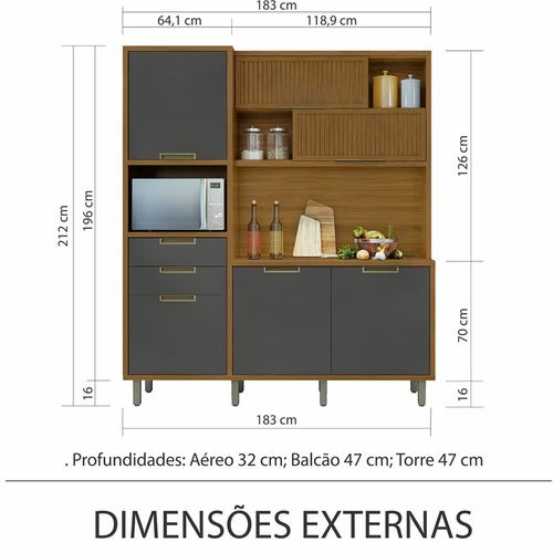 Cozinha Compacta em MDF Loft Nesher Imperatriz com 6 Portas, 2 Gavetas, 11 Prateleiras - 183cm de largura Freijó/Grafite