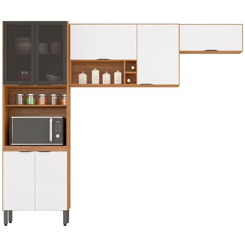 Cozinha Compacta Demóbile Firenze com 7 Portas, 6 Prateleiras e Nicho para Micro-ondas - 260cm de largura - Amêndola/Branco