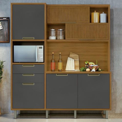 Cozinha Compacta em MDF Loft Nesher Imperatriz com 6 Portas, 2 Gavetas, 11 Prateleiras - 183cm de largura Freijó/Grafite