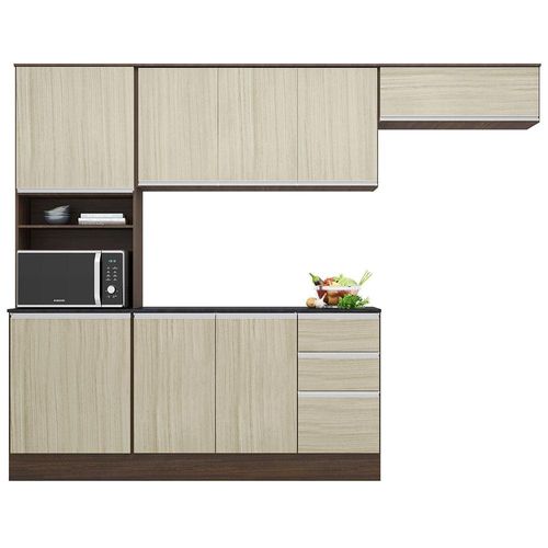 Cozinha Compacta Poliman Paris com 9 Portas, 2 Gavetas e 6 Prateleiras - 260cm de largura Amendoa/Arena