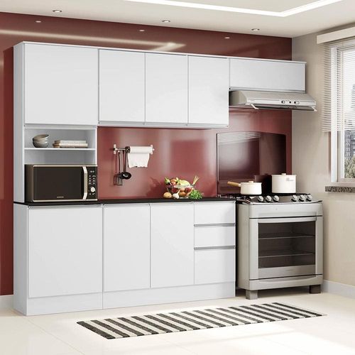 Cozinha Compacta Poliman Paris com 9 Portas, 2 Gavetas e 6 Prateleiras - 260cm de largura Branco