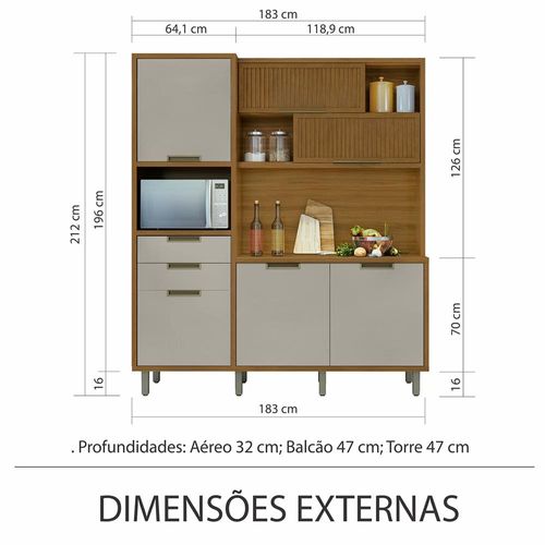 Cozinha Compacta em MDF Loft Nesher Imperatriz com 6 Portas, 2 Gavetas, 11 Prateleiras - 183cm de largura Freijó/Off White