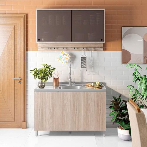 Cozinha Compacta Bartira Amazonita com 5 Portas e 3 Prateleiras - 120,1cm de largura Carvalho/Thassos