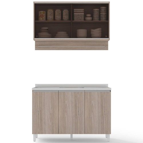Cozinha Compacta Bartira Amazonita com 5 Portas e 3 Prateleiras - 120,1cm de largura Carvalho/Thassos