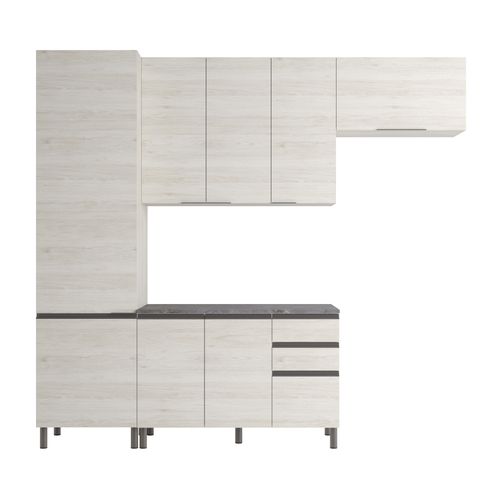 Cozinha Compacta Bartira Cristal com 8 Portas, 3 Gavetas e 9 Prateleiras - 260cm de largura - Freixo