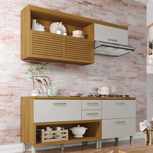 Cozinha Compacta Nesher Princesa com 4 Portas 3 Gavetas e 7 Prateleiras - 200cm de largura Freijo/Off White