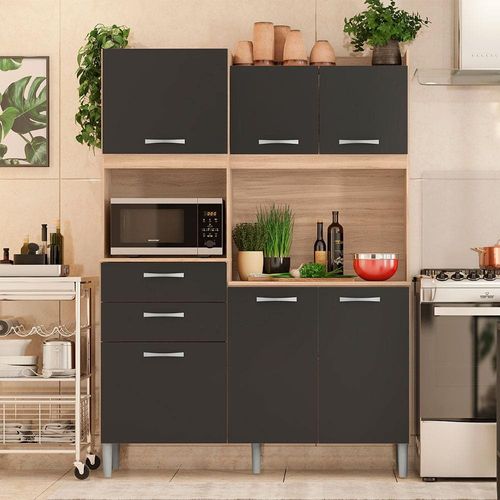 Cozinha Compacta Demóbile Harmonia com 6 Portas e 2 Gavetas - 133 cm de Largura Avena/Grafito