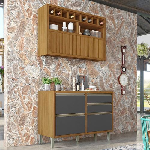 Cozinha Compacta em MDF Nesher Baronesa com 2 Portas 4 Gavetas e 5 Prateleiras - 120cm Freijo/Grafite