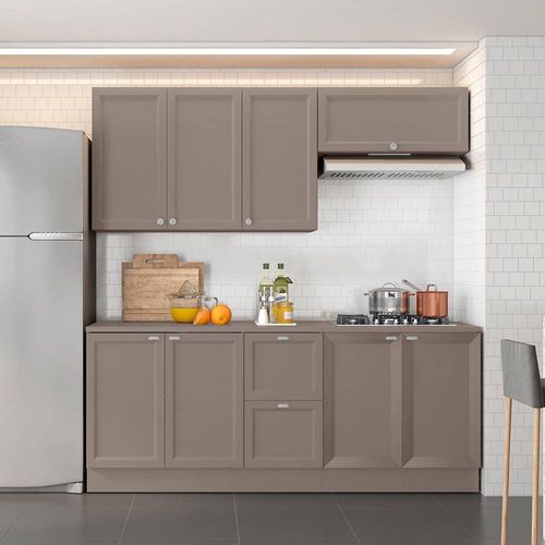 Cozinha Compacta Poliman Unna com 8 Portas, 2 Gavetas e 3 Prateleiras - 200cm de largura - Fumê