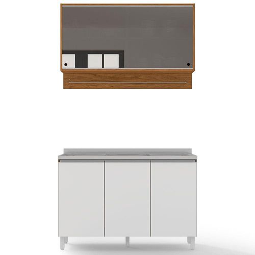 Cozinha Compacta Bartira Amazonita com 5 Portas e 3 Prateleiras - 120,1cm de largura Damasco/Branco