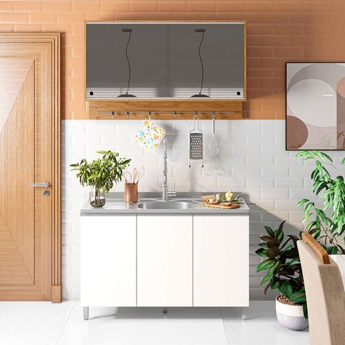 Cozinha Compacta Bartira Amazonita com 5 Portas e 3 Prateleiras - 120,1cm de largura Damasco/Branco