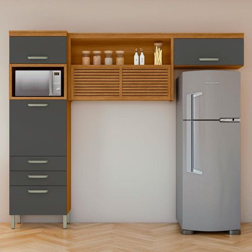 Cozinha Compacta Nesher Princesa com 4 Portas, 3 Gavetas e 9 Prateleiras - 264cm de largura Freijo/Grafite