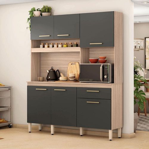 Cozinha Compacta Demóbile Álamo com 6 Portas e 1 Gaveta - 160 cm de Largura Avena/Grafito