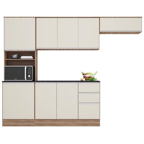 Cozinha Compacta Poliman Paris com 9 Portas, 2 Gavetas e 6 Prateleiras - 260cm de largura Carvalho/Off White